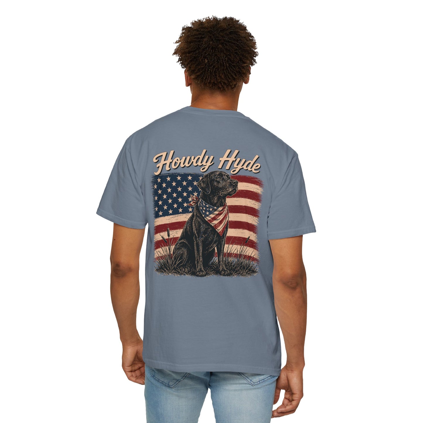 Howdy Hyde Dog T-Shirt — Patriotic Black Lab Tee with American Flag